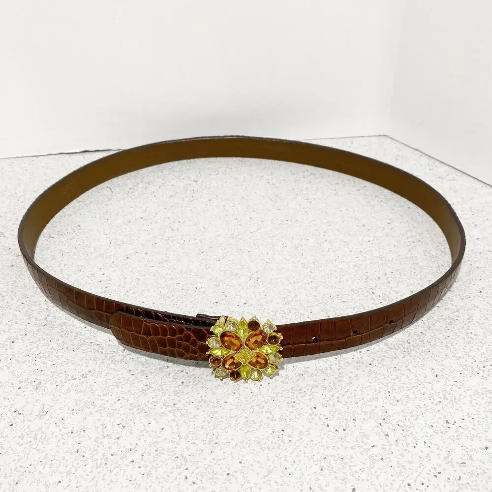 Liz Claiborne Y2K belt brown moc croc with colorful rhinestone buckle size L